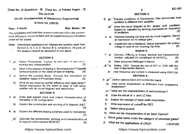 Btech 1 Sem Fundamentals of Electronics Engineering 0105 Dec 2022 | PDF