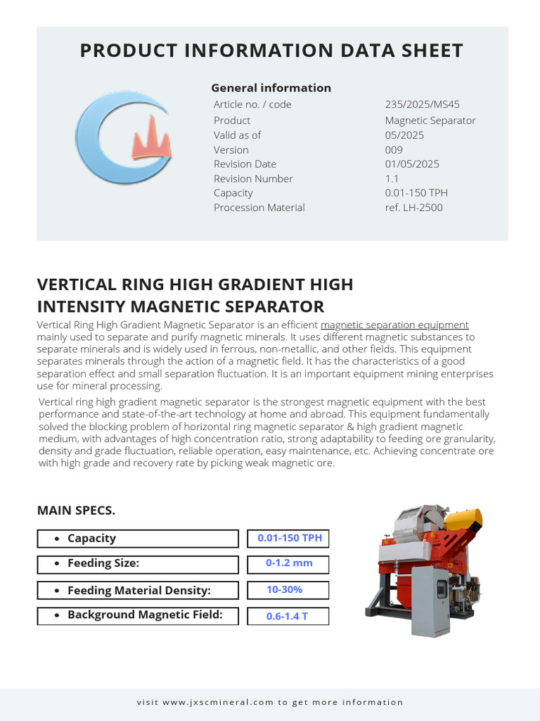 Vertical Ring Magnetic Separator Data Sheet | PDF | Magnetism ...