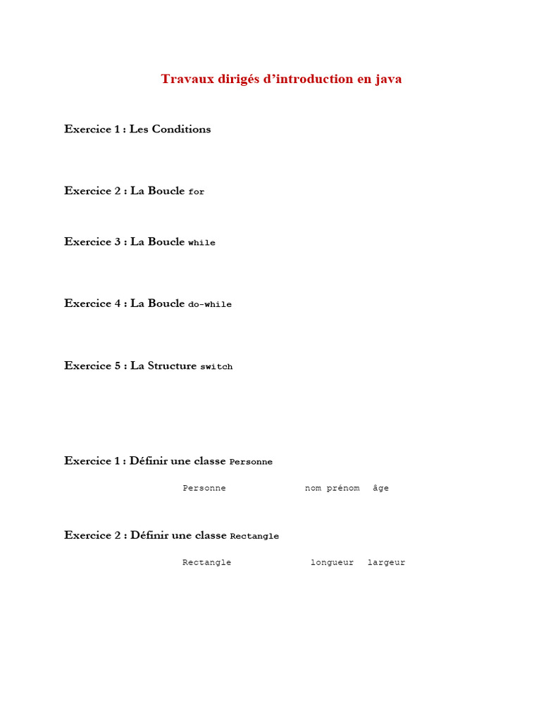 Introduction à Java : Exercices pratiques | PDF | Structure de contrôle ...