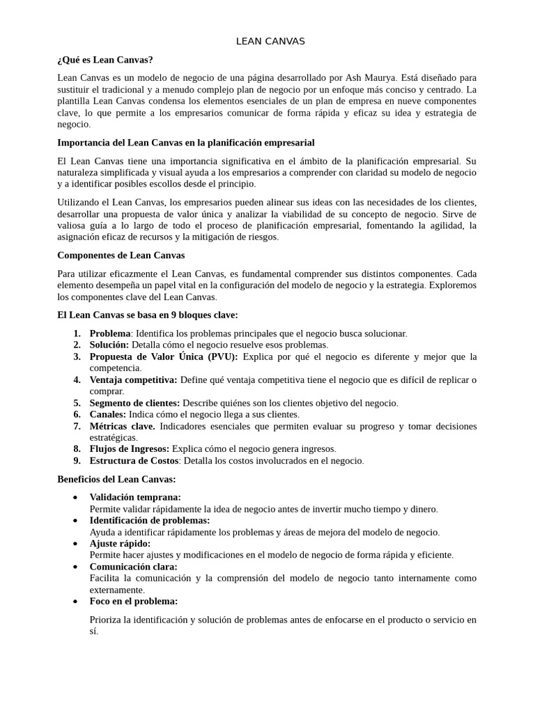 LEAN CANVAS 3º | PDF | Plan de negocios | Modelo de negocio