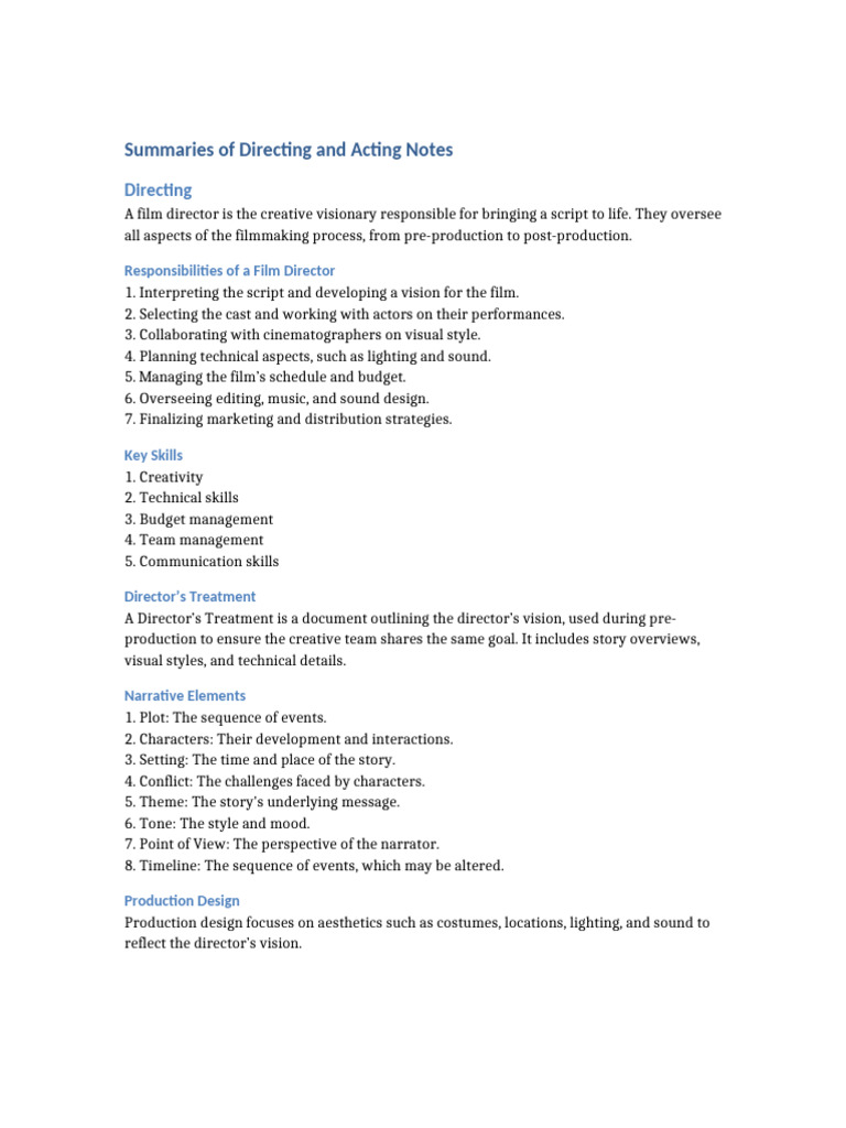 Directing and Acting Summaries | PDF | Film Director