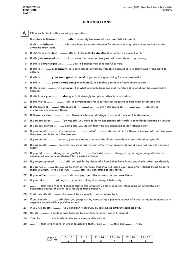 Test 1 Part 1 Prepositions A Pdf Behavioural Sciences Psychology