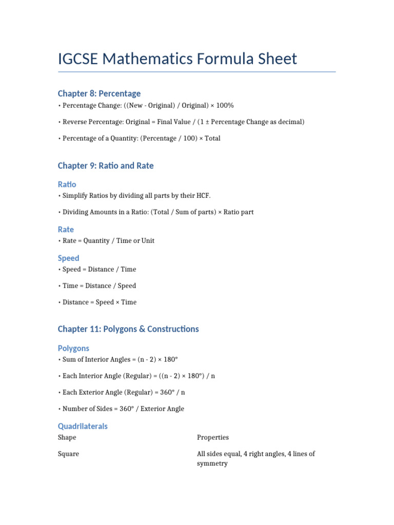 IGCSE Maths Formula Sheet Overview | PDF