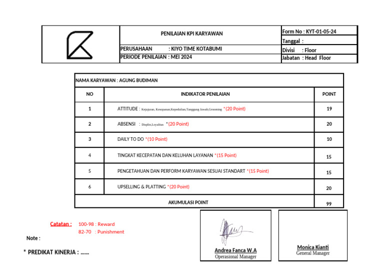 Penilaian KPI Karyawan Kiyo Time | PDF