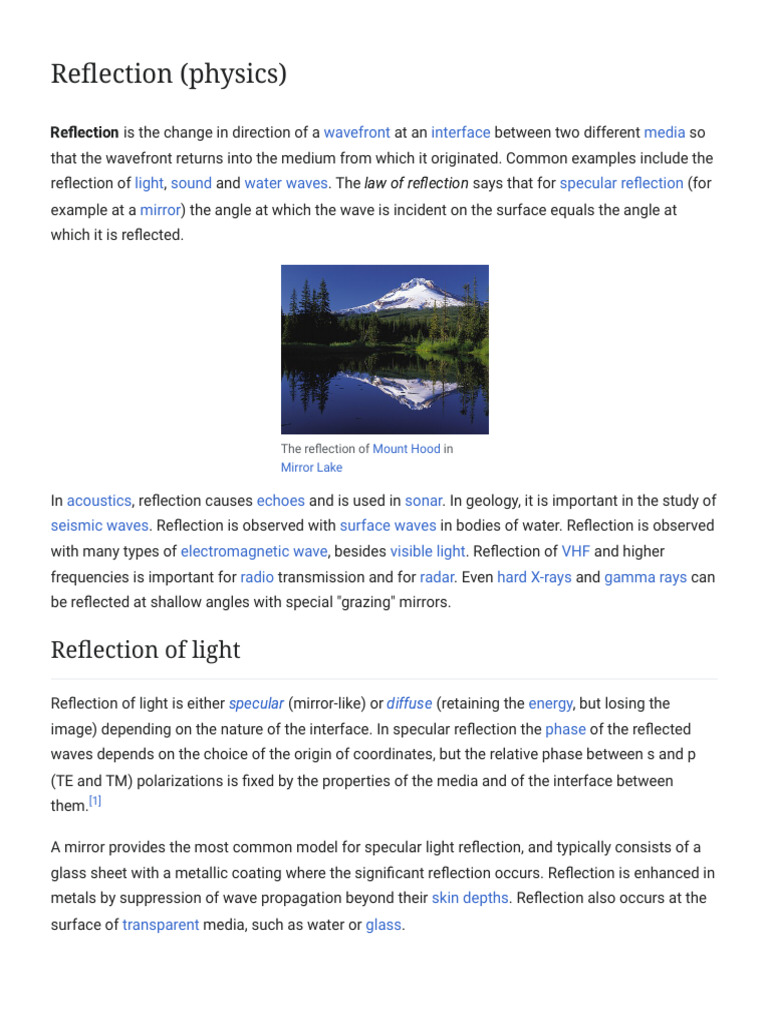 Reflection (Physics) - Wikipedia | PDF | Reflection (Physics) | Light