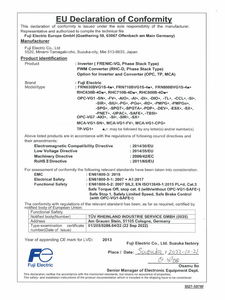 FRENIC-VG1 (Stack 400V 630-800kW) EU Declaration of Conformity | PDF