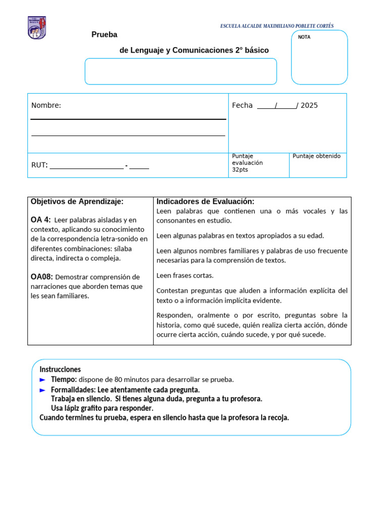 Prueba de Lenguaje 2° Básico 2025 | PDF | Comunicación humana | Aprendizaje