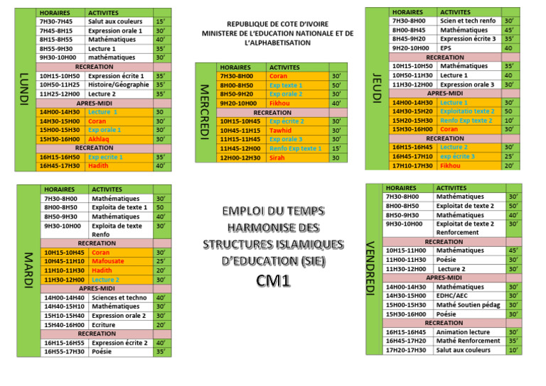 Emploi du Temps CM1 2026 | PDF