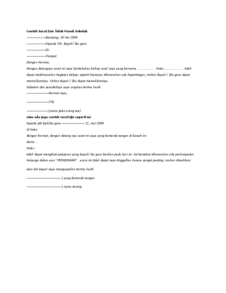 Contoh Surat Izin Tidak Masuk Sekolah Pdf