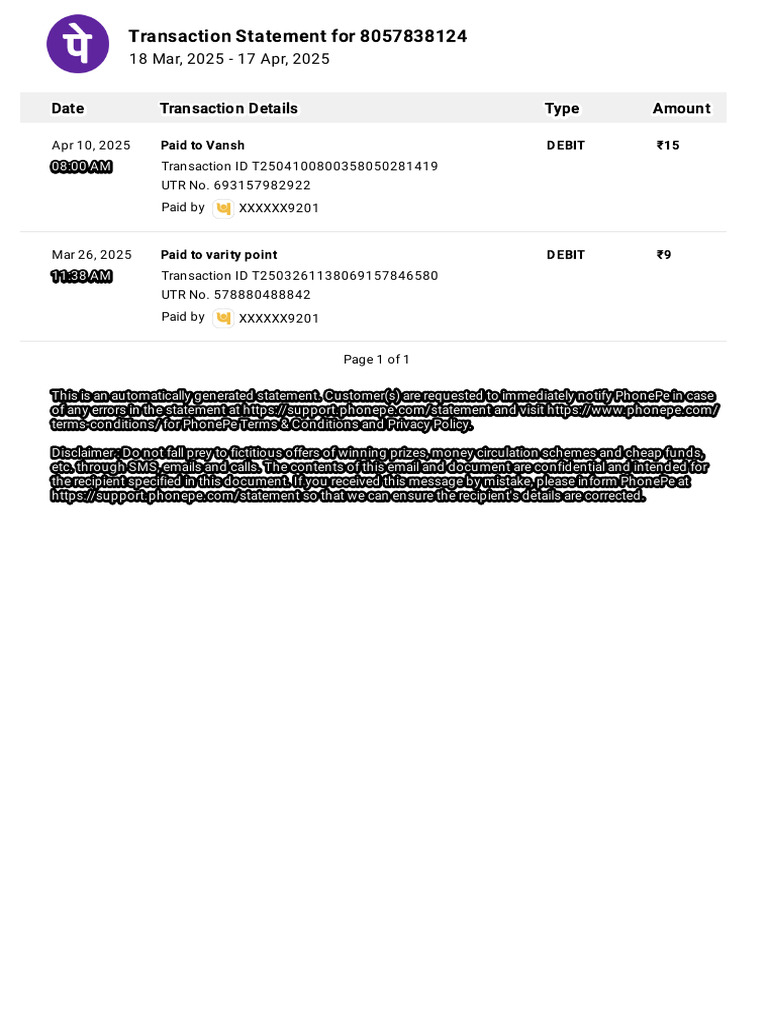 Transaction Statement for 8057838124 | PDF