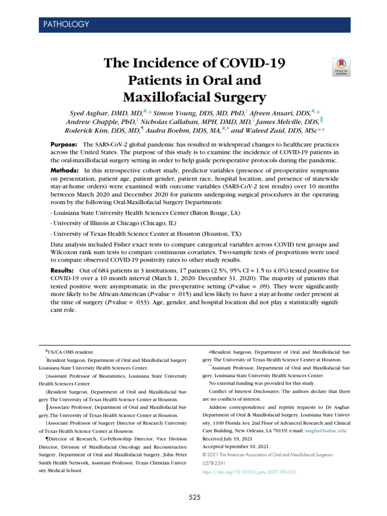 The Incidence of COVID 19 Patients in Oral and Max | PDF | Oral And ...