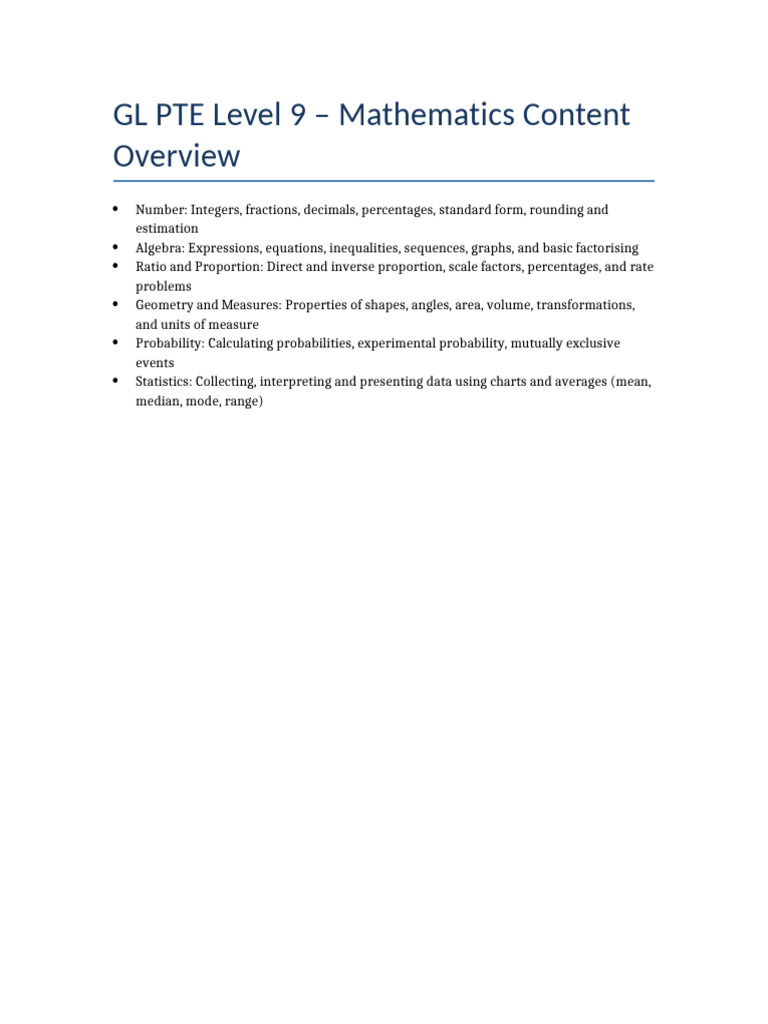 GL PTE Level 9 Mathematics Content | PDF