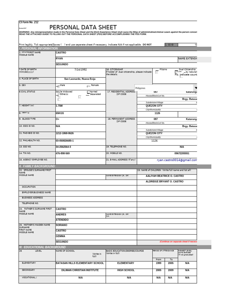 Ryan Castro PDS and Work Experience Sheet | PDF | Computing