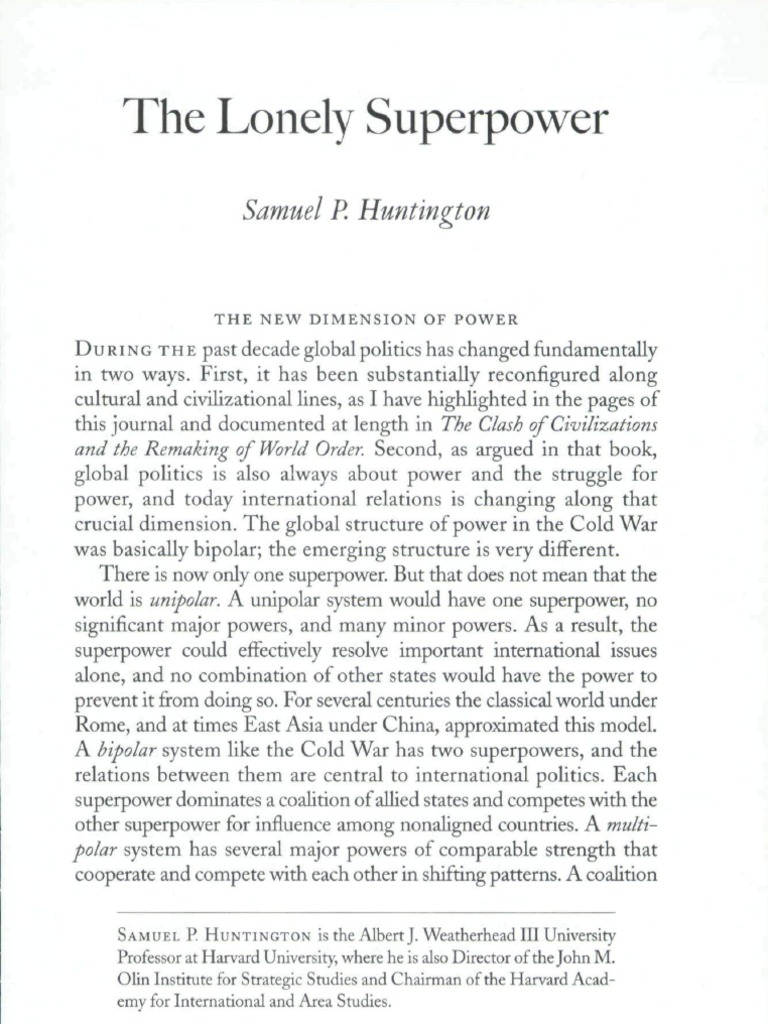 The Lonely Superpower: Samuel P. Huntington | PDF | Superpowers | Polarity  (International Relations)