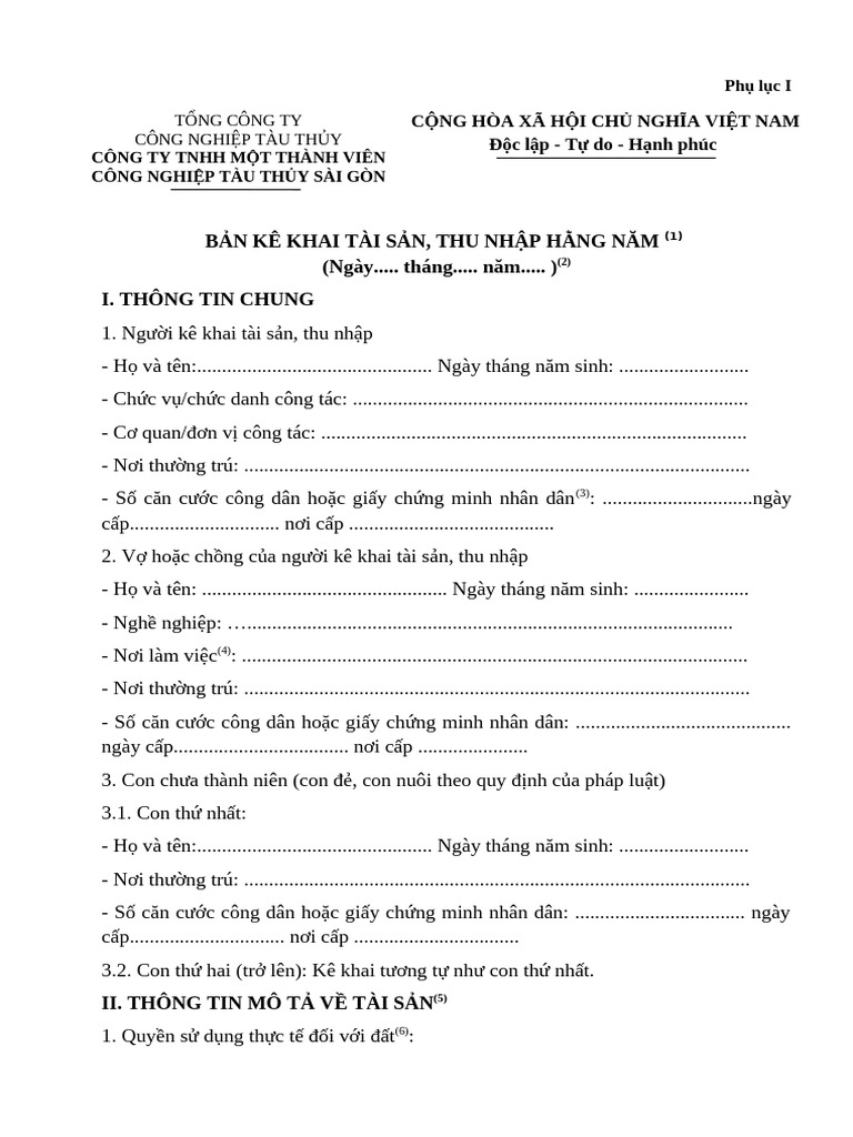 Phu Luc I Mau Ke Khai Tai San, Thu Nhap | PDF
