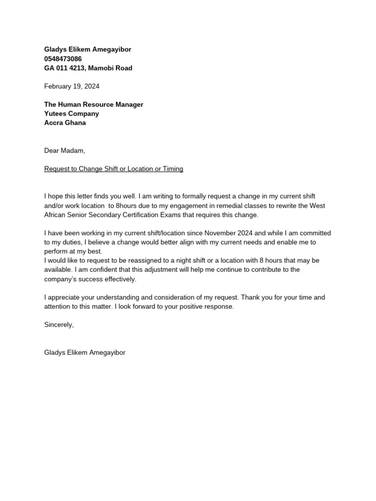Shift Change Request Letter Template | PDF