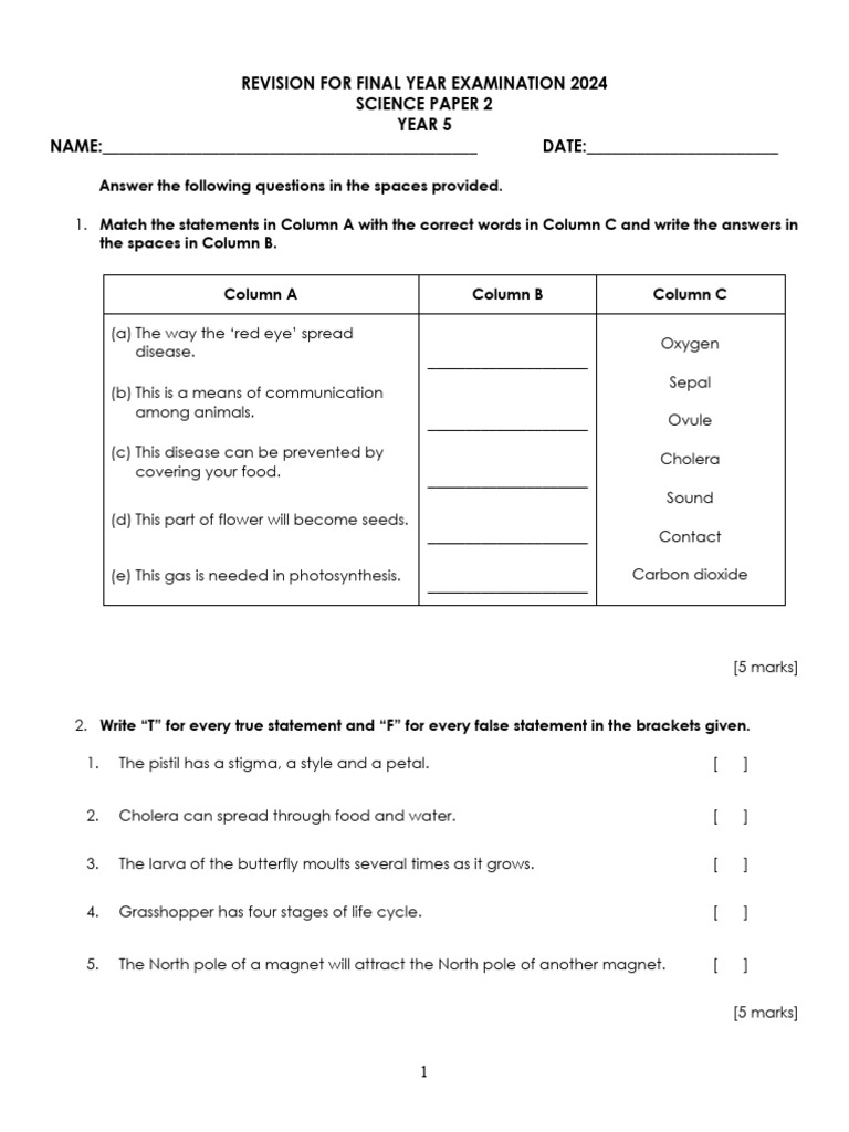 Revision Final Year Year 5 Science Paper 2 2024 | PDF | Flowers | Plants