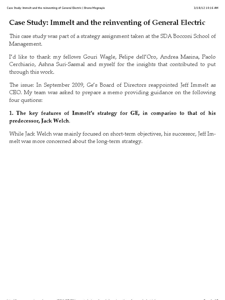 Case Study Immelt & The Reinventing of General Electric - Bruno ...