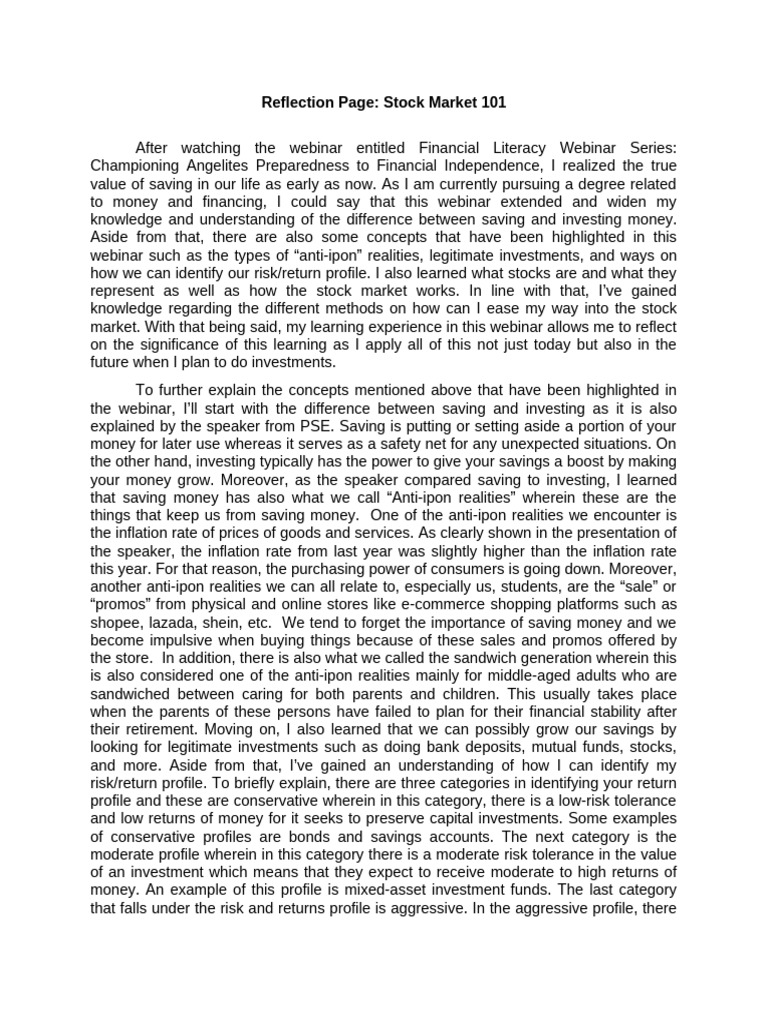 Stock Market 101 Reflection | PDF | Investing | Saving
