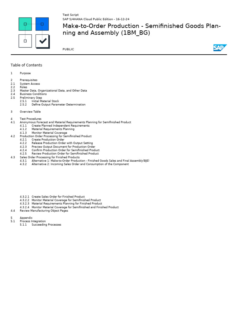 MTO Production Test Script for SAP S/4HANA | PDF