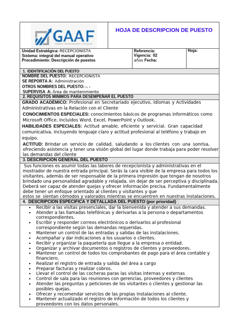 Descripción del Puesto: Recepcionista | PDF | Contabilidad | Informática