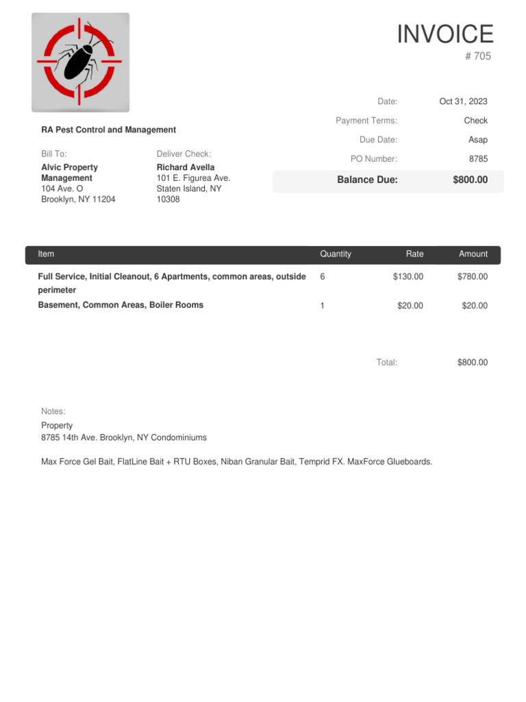 Pest Control Invoice for Alvic Property | PDF