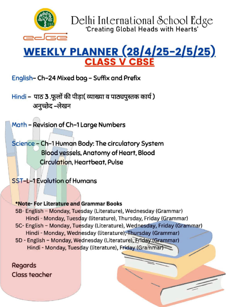 Weekly Planner for Class V CBSE | PDF