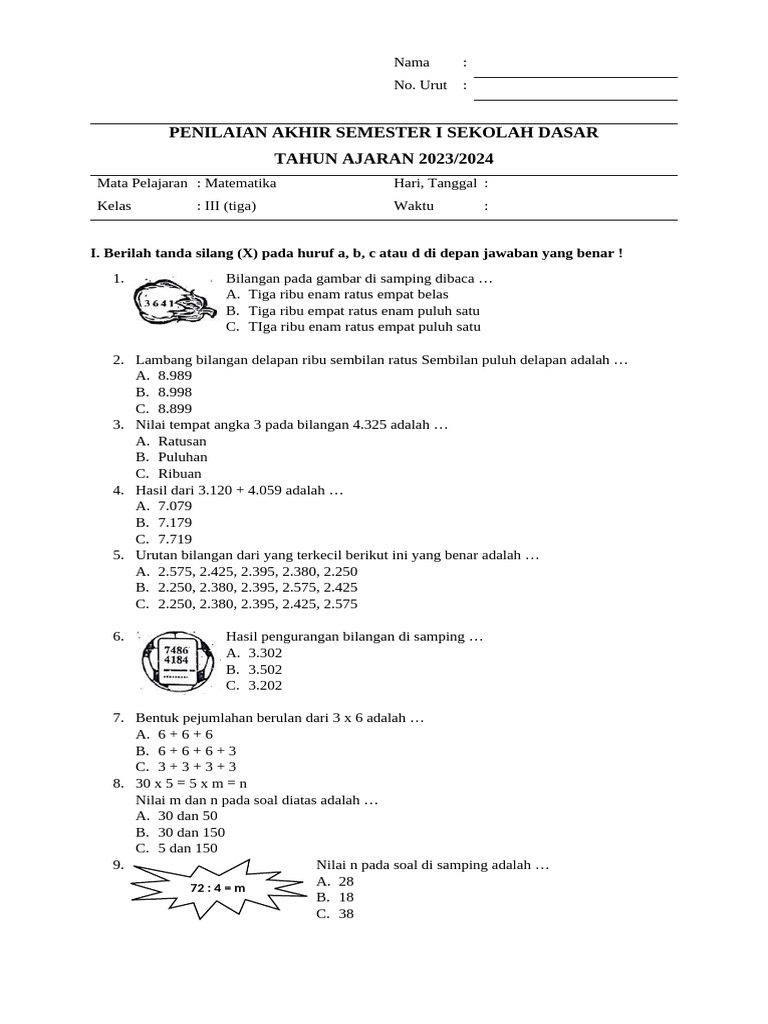 Penilaian Matematika Kelas 3 SD 2023/2024 | PDF
