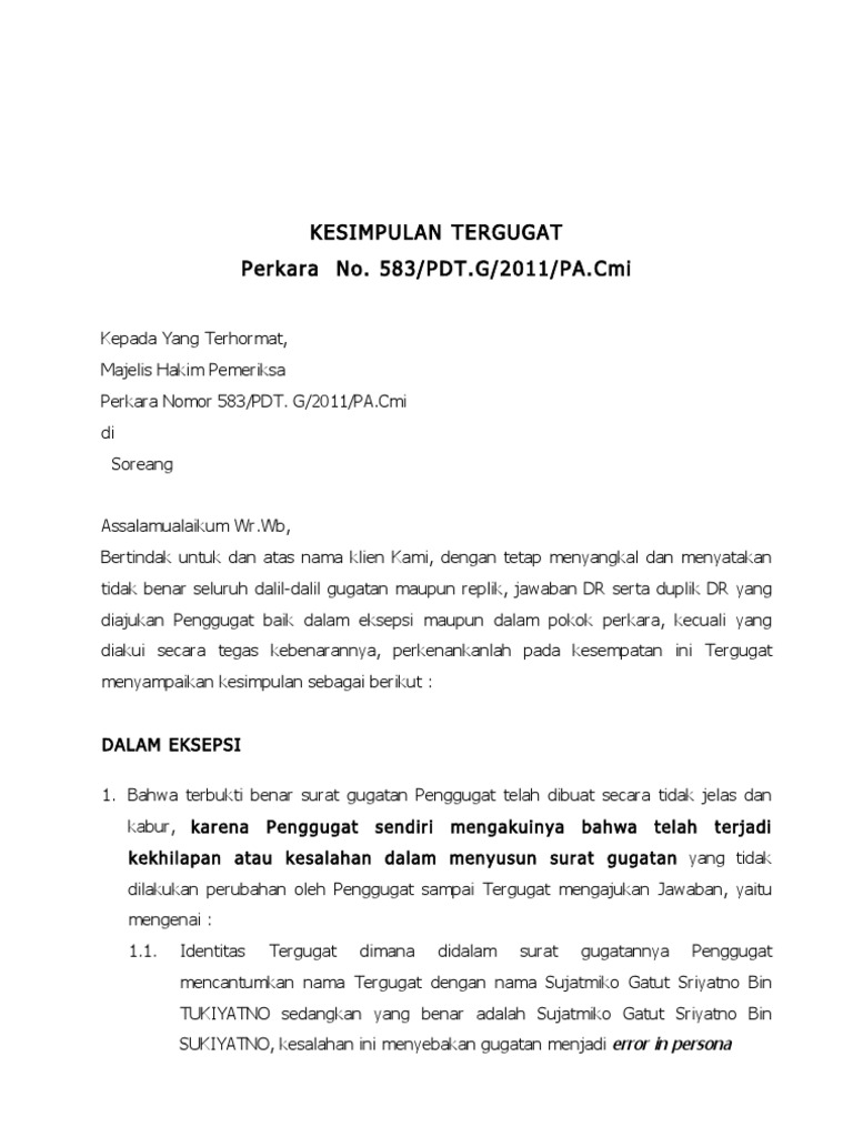 Contoh Kesimpulan Dalam Perkara Perdata Perbuatan Melawan Hukum