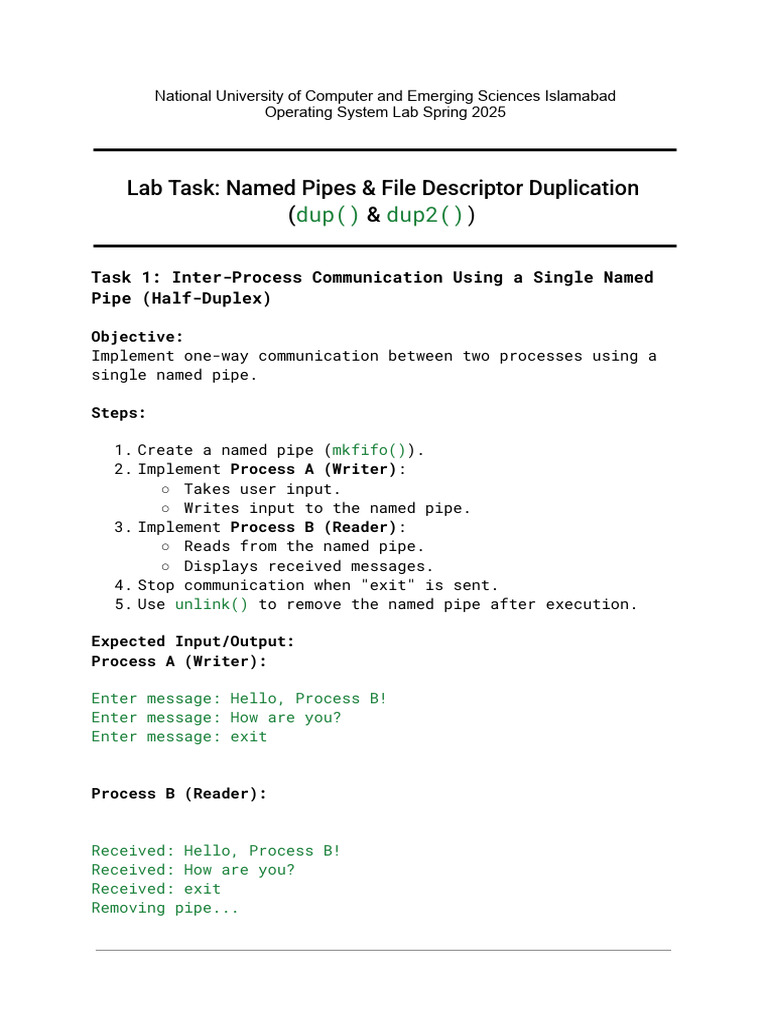 Named Pipes & IPC in C: Spring 2025 Lab | PDF | Computer Science | Unix