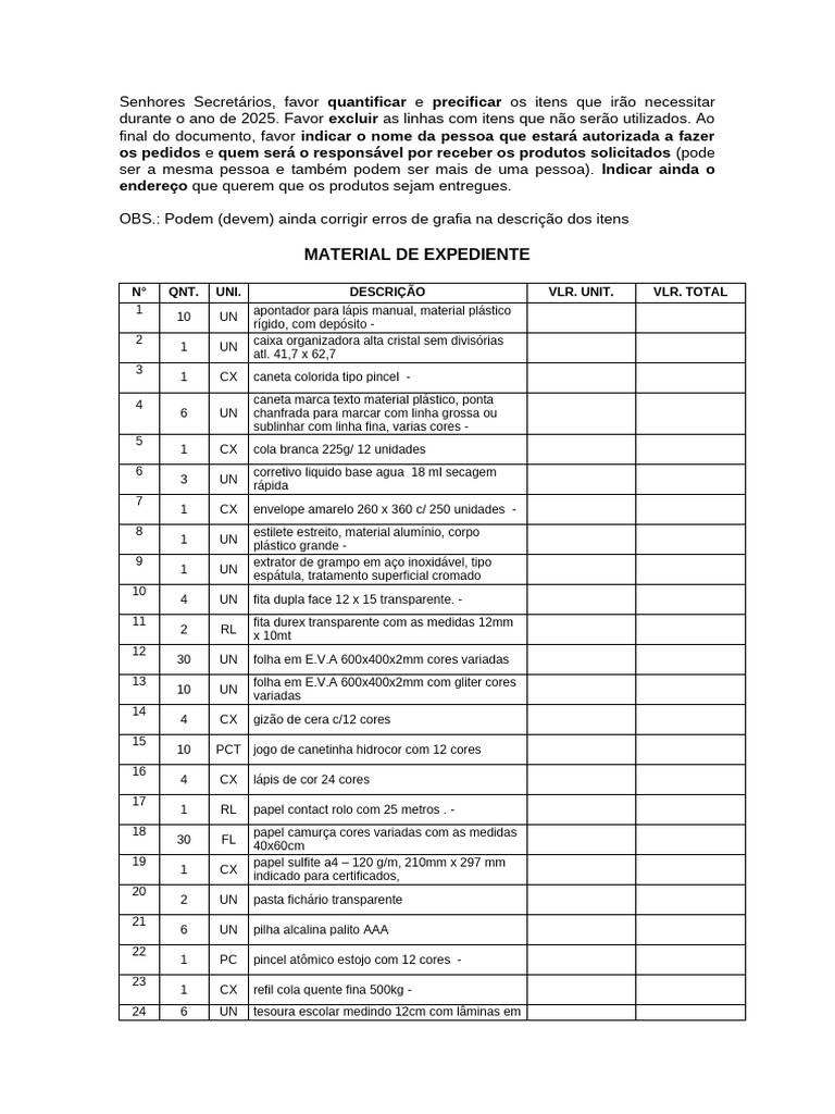 Lista Material de Expediente - Sec. Desenvolvimento Social | PDF ...