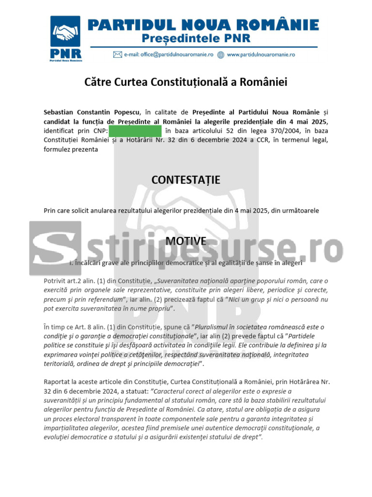 Contestatie CCR - Partidul Noua Romanie - Anulare Rezultat Alegeri | PDF
