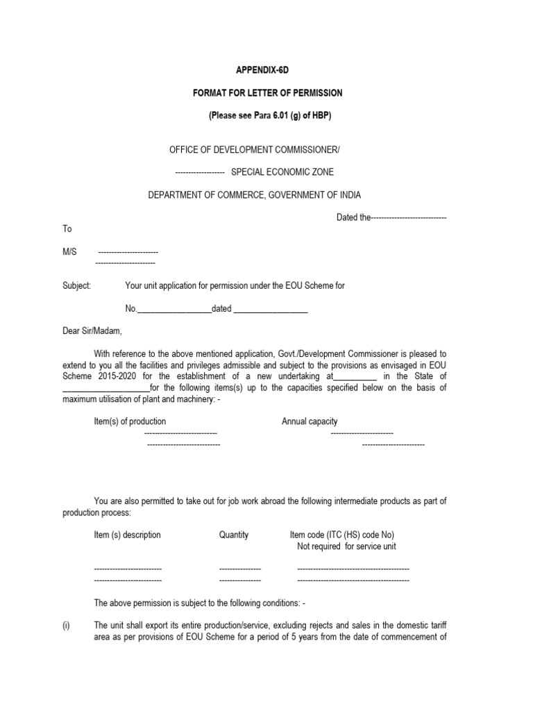 EOU Scheme Permission Letter Format | PDF | Justice | Crime & Violence