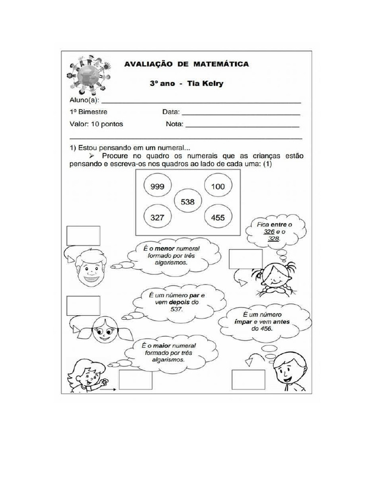 Avaliação de Matemática para 3 Ano para 1º Bimestre em PDF | PDF