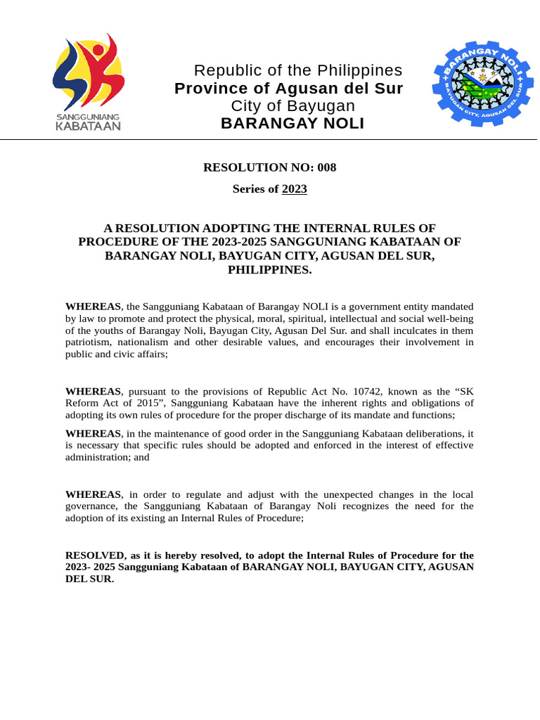 Internal Rules for SK Barangay Noli 2023 | PDF | Quorum