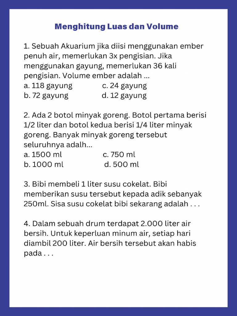 Soal Cerita Menghitung Luas Dan Volume Kelas 4 | PDF