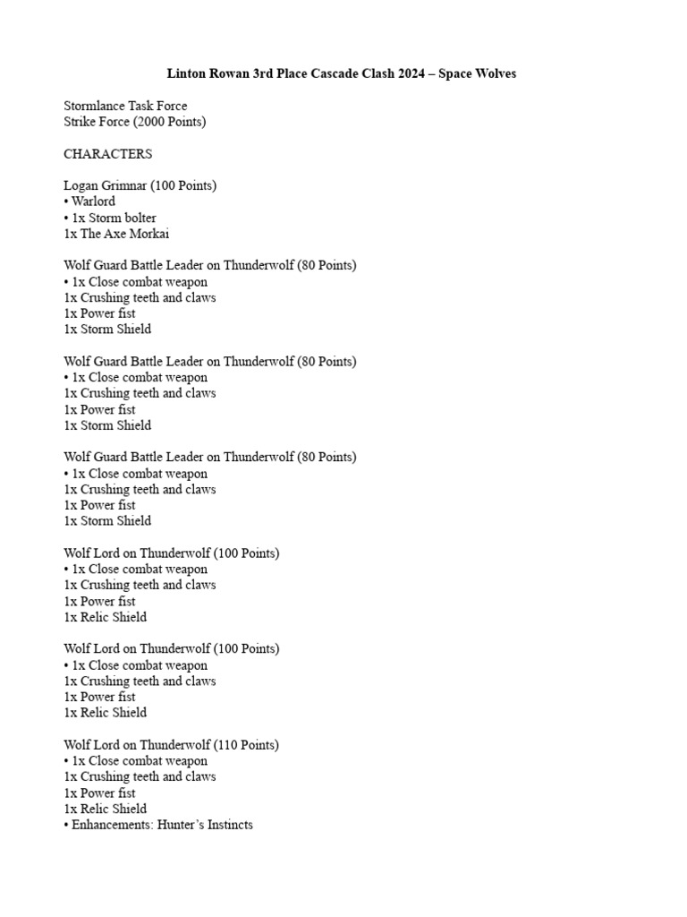 Linton Rowan 3rd Place Cascade Clash 2024 - Space Wolves | PDF ...