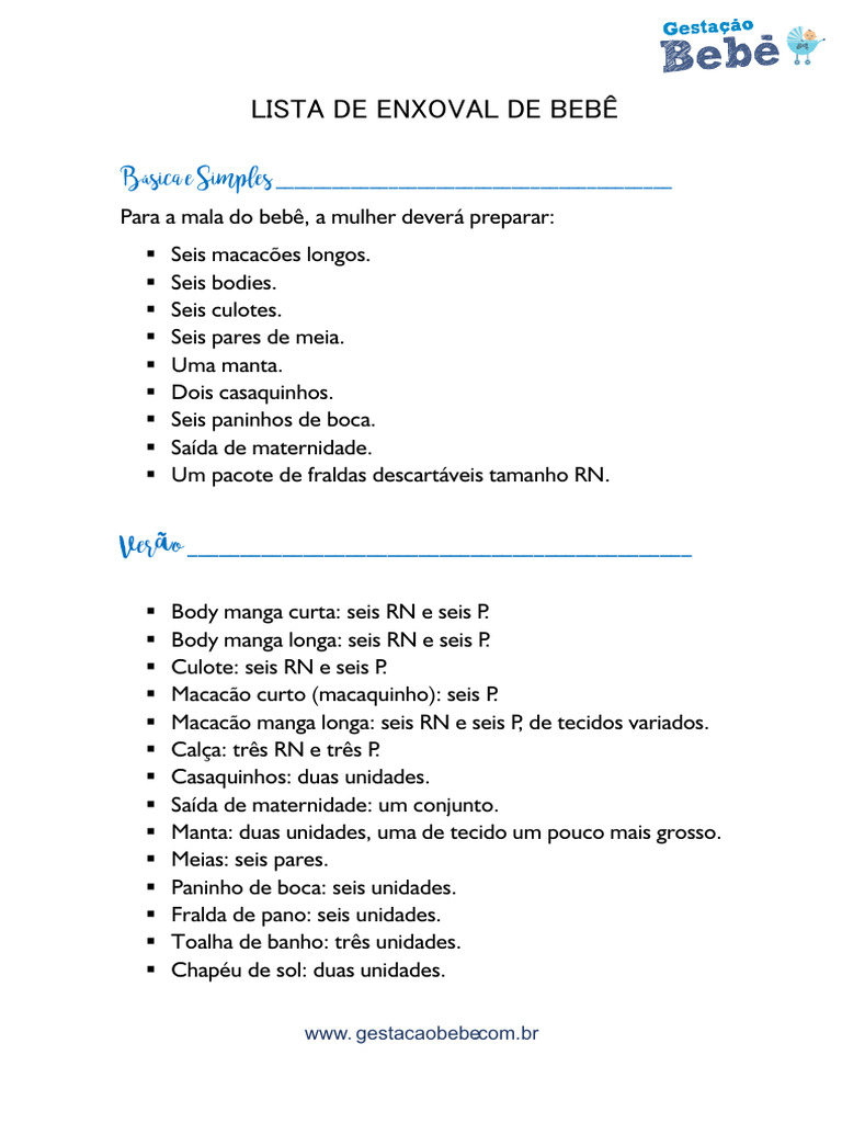 Lista de Enxoval de Bebê para Imprimir | PDF | Primeira infância