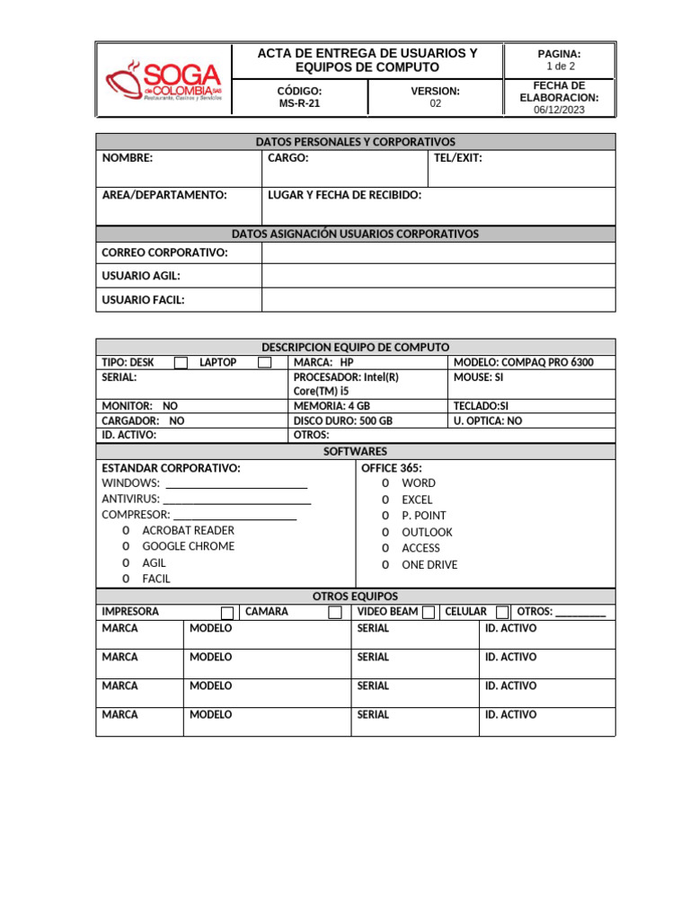 Acta de Entrega de Equipos de Cómputo | PDF | Ingeniería Informática ...