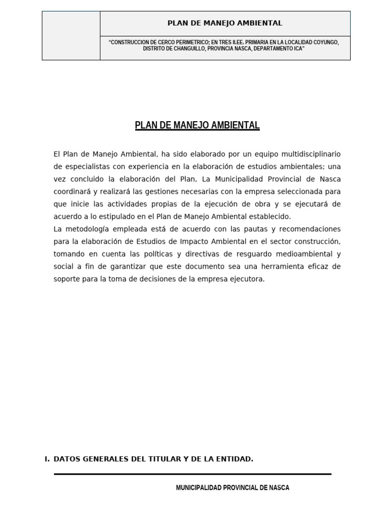 Plan de Manejo Ambiental Nasca 2023 | PDF | Residuos | Entorno natural
