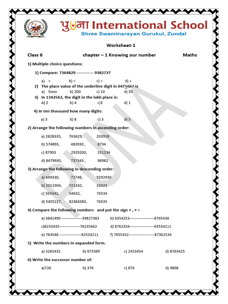 Class 6 Maths: Knowing Our Numbers Worksheet | PDF | Mathematics ...