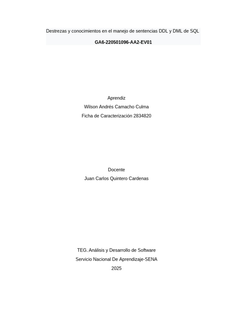 Destrezas y Conocimientos en El Manejo de Sentencias DDL y DML de SQL | PDF