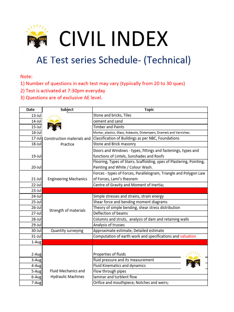 AE Test Series Schedule - 20913053 | PDF | Surveying | Bending