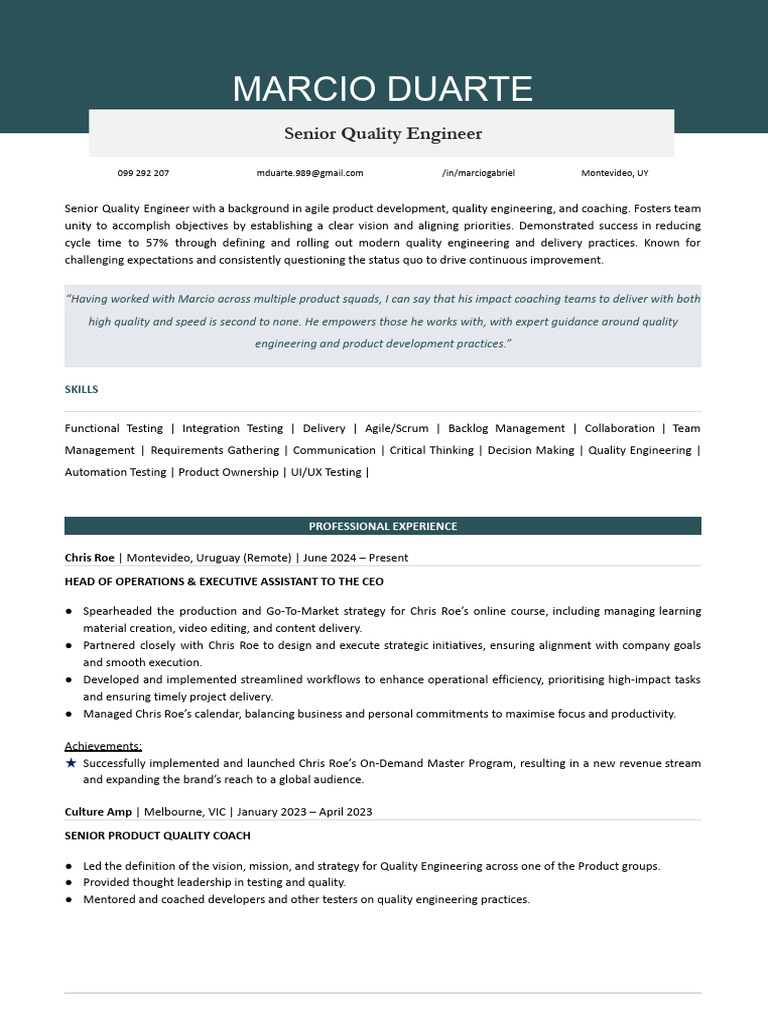Senior Quality Engineer Profile | PDF | Agile Software Development ...