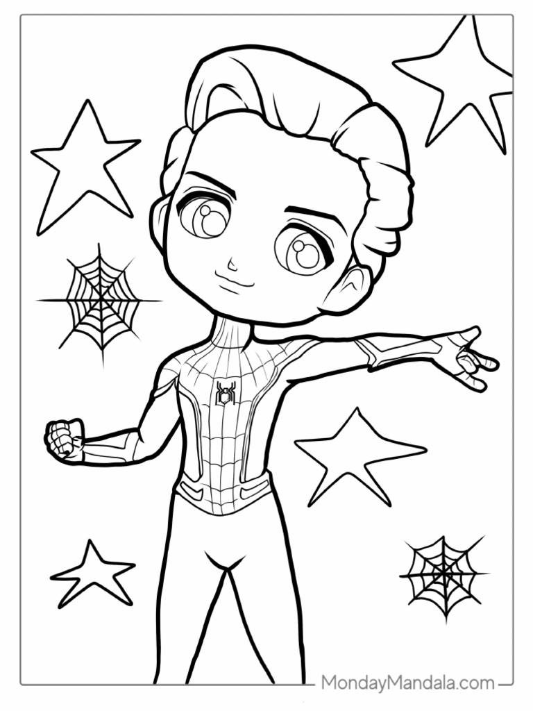 Kawaii Tom Holland Spider Man Coloring Page For Kids PDF