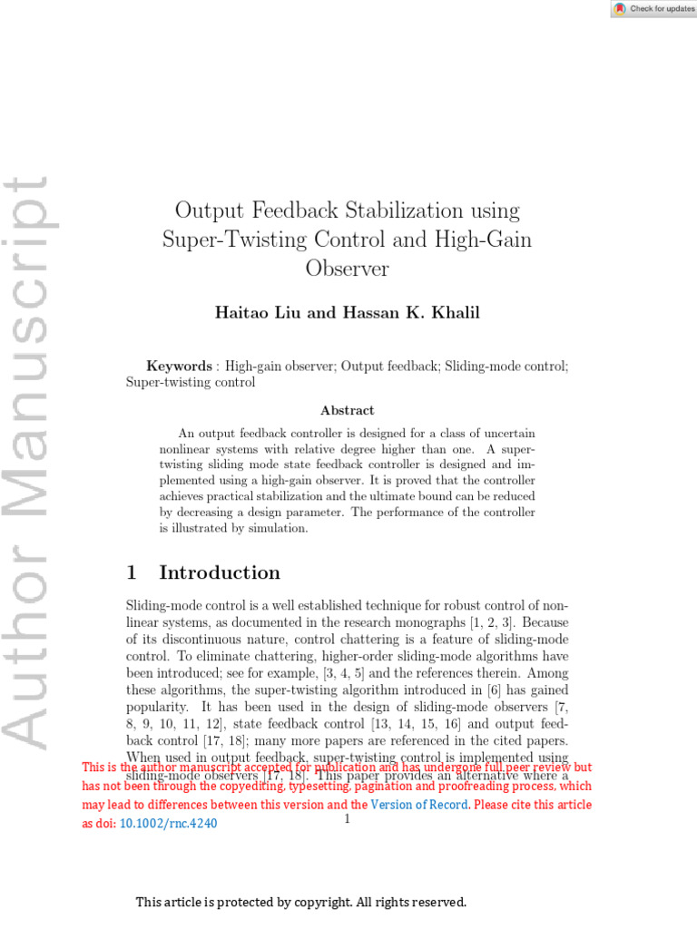 Super-Twisting Control for Nonlinear Systems | PDF | Mathematical ...