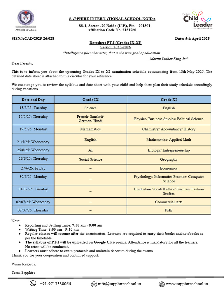 PT-I Exam Schedule for Grades IX-XI | PDF | Science