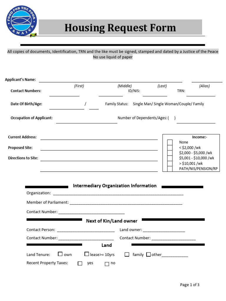 Food for the Poor Housing Application Guide | PDF | Lease | Justice Of ...