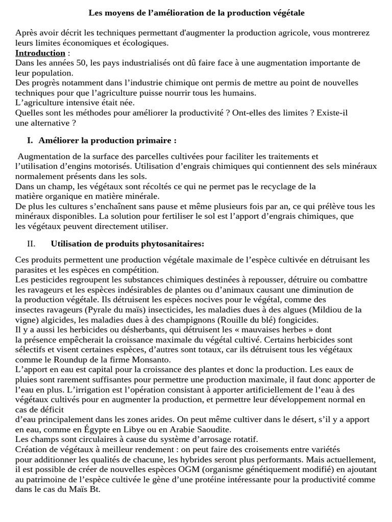 Techniques d'amélioration de la production agricole | PDF | Agriculture ...