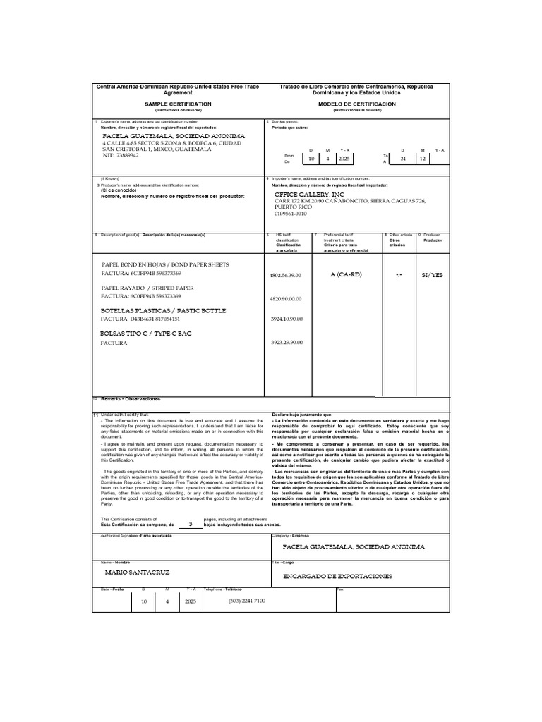 Anexo Certificado de Origen CAFTA DR Formato Sugerido | PDF | Comercio ...